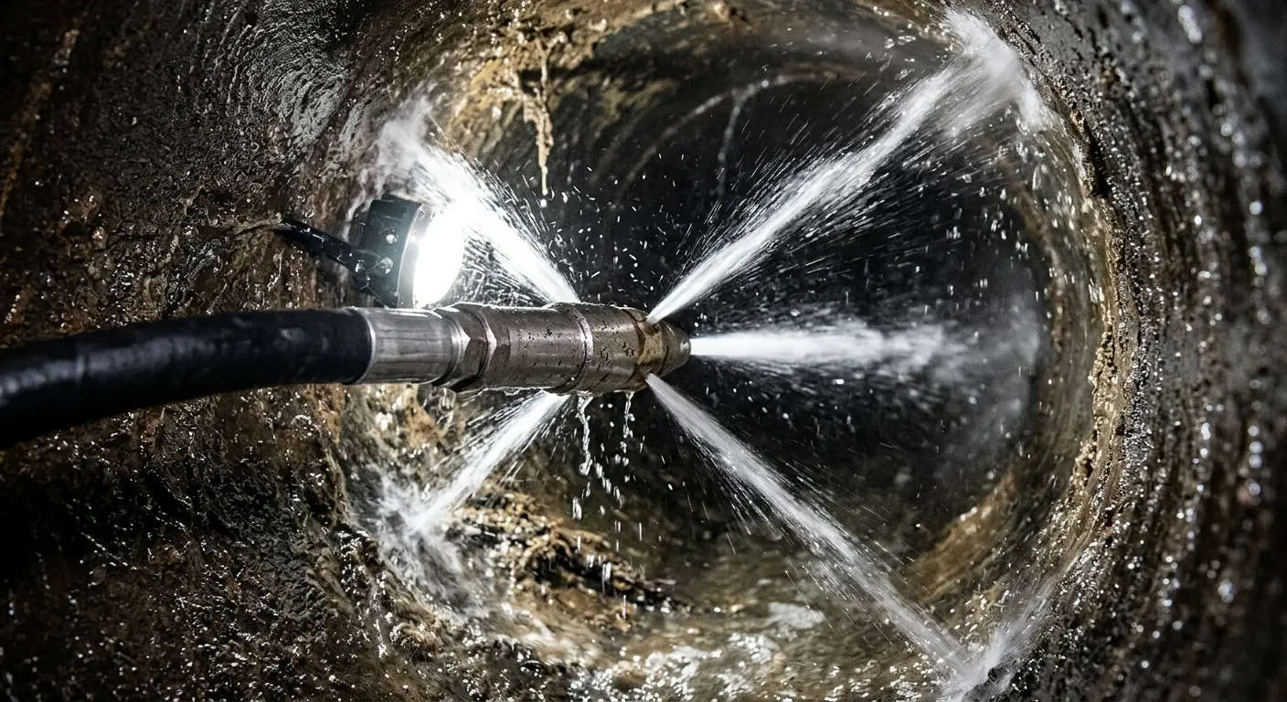 High-pressure hydro jetting nozzle cleaning sewer pipe for Sewer Cleanout in Casas Adobes