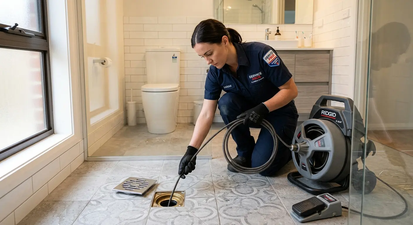 Technician clearing a bathroom floor drain for Drain Repair in Casas Adobes